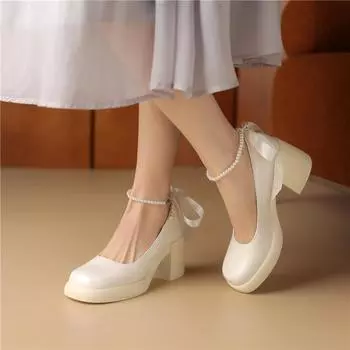 Meotina/женские туфли-лодочки с ремешком на щиколотке, туфли-лодочки на толстом высоком каблуке с круглым носком и платформой из бисера, перчатки, женская модная обувь, весенне-осенняя обувь бежевого цвета 43
