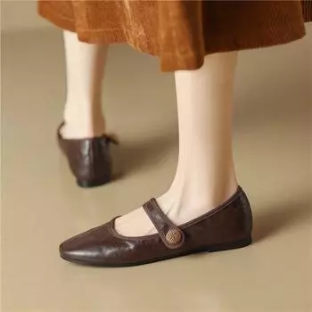 Meotina/Женские туфли Мэри Джейн из натуральной кожи с круглым носком на плоской подошве из овчины, перчатки-ботинки в сдержанном стиле, женская модная повседневная обувь, весна-осень 34 коричневый