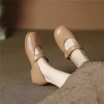 Meotina/женские туфли Мэри Джейн из натуральной кожи на плоской подошве с круглым носком и пряжкой, перчатки из овчины, женская модная обувь, весенне-осенняя обувь абрикосового цвета 34 бежевый