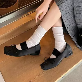 Meotina/женские туфли Мэри Джейн на плоской подошве с квадратным носком и бантом, лаконичный брендовый дизайн, женская модная повседневная обувь, весна-осень, черный, оранжево-розовый 34 чёрный