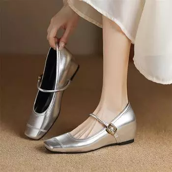 Meotina Женские туфли Мэри Джейн на танкетке с квадратным носком, высокие каблуки, перчатки с пряжкой, женская модная обувь весна-осень, черный, серебристый, 44 33 чёрный