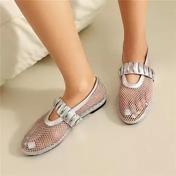 Meotina Женские туфли Мэри Джейн с круглым носком на плоской подошве с металлическими украшениями Туфли-перчатки Женская модная обувь весна-осень-лето черный цвет 46 34 чёрный