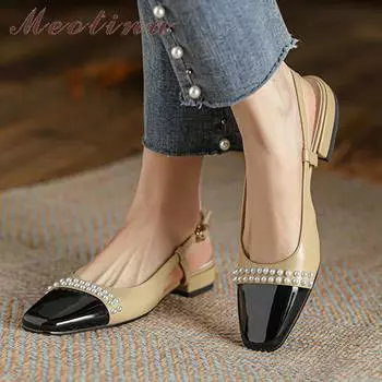 Meotina/женские туфли на босоножках из натуральной кожи, туфли на плоской подошве с квадратным носком, пряжкой и ремешком, женская обувь, весна, абрикос 40, коровья кожа 34 бежевый