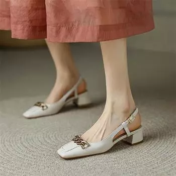 Meotina, женские туфли с открытым носком из натуральной кожи, туфли-лодочки на толстом каблуке, женская обувь с квадратным носком и цепочкой на среднем каблуке, весенне-желтый, зеленый цвет 34 бежевый