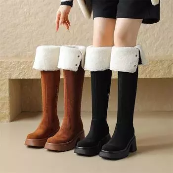 Meotina Женские высокие сапоги до бедра с круглым носком, на среднем каблуке, с пряжкой на платформе и молнией, женские модные туфли на зиму 43 33 чёрный