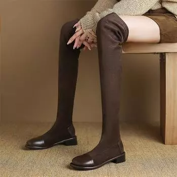 Meotina Женские высокие сапоги до бедра с круглым носком и средним каблуком, лаконичные женские модные туфли, зимние черные коричневые 43 33 чёрный