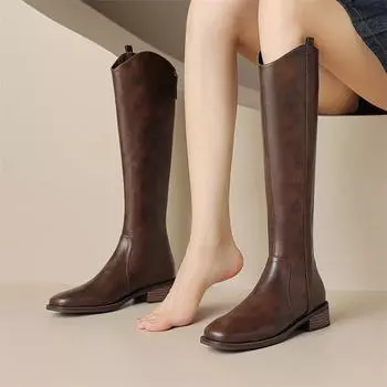 Meotina/женские высокие сапоги до колена из натуральной кожи в стиле ковбоя с круглым носком на плоской подошве и застежкой-молнией, ковбойские сапоги в западном стиле, женская модная обувь, зимняя обувь 34 чёрный