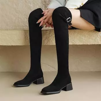 Meotina/женские высокие сапоги выше колена с квадратным носком, на толстом среднем каблуке с пряжкой, сапоги Gogo в сдержанном стиле, женская модная обувь, зимняя черная обувь, 43 33 чёрный