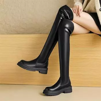 Meotina/женские высокие сапоги выше колена, с круглым носком, на платформе, на толстом среднем каблуке, на молнии, сапоги Gogo, женская модная обувь, зимняя черная обувь, 42 34 чёрный