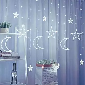 Мерцающая 35-метровая светодиодная гирлянда-занавес в виде звезд и луны, сказочная гирлянда, домашний декор для Рамадана White
