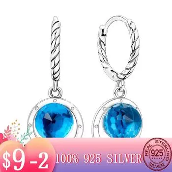 Мерцающие синие стеклянные хрустальные круглые серьги-кольца для девушек и женщин, серебряного цвета, модные роскошные ювелирные изделия, подарок на день рождения