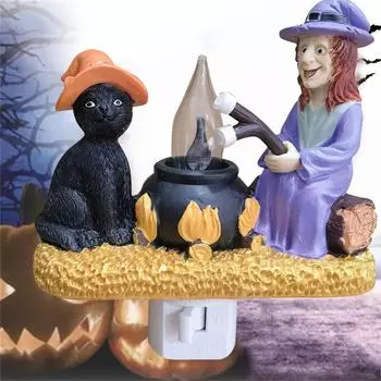 Мерцающий ночник с котом и ведьмой, 3D-ночник с зефиром и 3D-кошкой, светодиодный ночник с искусственными кострами 4 дюйма, подключаемый к стене One Size