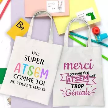 Merci Atsem, модная женская парусиновая сумка с французским принтом, эко сумки на плечо в стиле Харадзюку, персонализированные супер школьные сумки Atsem, подарки 24*26cm