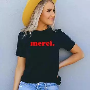 Merci Letter Printed French saying Fashion Women T Shirts Thank You Streetwear Tops Cotton Oversize T Shirt Womens Clothing S чёрный