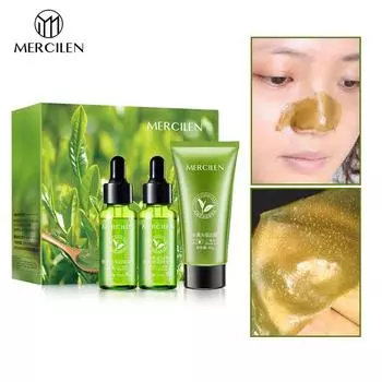 MERCILEN Green Tea Blackhead Removal Three-Piece Set Peel-Off Mask Cleansing Pores Blackhead Removal Liquid Nose Mask Set