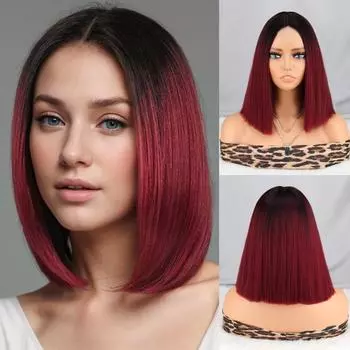 MERISIHAIR Black And Burgundy Synthetic Lace Front Wigs for Women Short Straight Bob Wigs Daily Wear Heat Resistant Fiber Cosplay Wigs 30cm