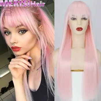MERISIHAIR Длинный прямой парик блондинки с челкой, парики из синтетических волос для женщин, блондинка, красный, термостойкие парики для косплея, чистый цветной парик