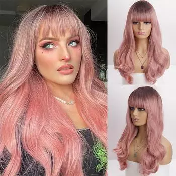 MERISIHAIR Длинный розовый длинный волнистый парик с челкой, черный, коричневый, натуральный термостойкий синтетический парик для косплея для женщин China