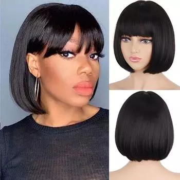 MERISIHAIR Короткие прямые синтетические парики с челкой для чернокожих женщин, термостойкий парик для косплея, вечерние, повседневные волосы 12inches