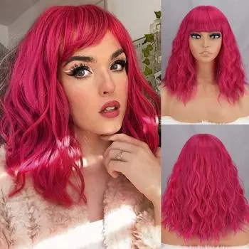 MERISIHAIR Короткий волнистый парик Боб с челкой розово-красного цвета Женская мода до плеч Натуральный волнистый парик из синтетического волокна Косплэй 30 cm