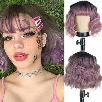 MERISIHAIR Короткий волнистый парик с челкой, черные, омбре, фиолетовые синтетические парики для женщин, натуральные черные волосы, парики боб, термостойкое волокно