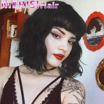 MERISIHAIR Короткий волнистый парик с челкой Синтетические парики для женщин Натуральные коричневые черные волосы Боб Парики Термостойкое волокно Дышащие