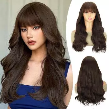 MERISIHAIR Long Wavy Wigs With Bangs Wigs Natural looking Wig Synthetic Curly Wavy Hair Wigs For Women Daily Party Use 55cm