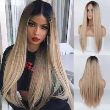 MERISIHAIR модные длинные прямые волосы Ombre блондинка длинный прямой парик из синтетического волокна для женщин 2