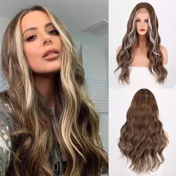 MERISIHAIR объемные волнистые парики спереди для женщин коричневого и белого цвета, синтетические волосы, бесклеевые парики на шнурке с натуральной линией волос