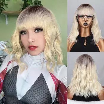 MERISIHAIR Ombre Коричневый Блондин Натуральный Волнистый Короткий Парик Боб с Челкой Синтетическое Волокно Косплей Повседневная Одежда Парик Натуральная Волна Воды 30 cm