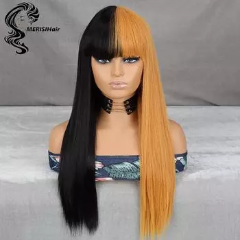 MERISIHAIR Полублондинка Получерный парик Длинные прямые синтетические парики для женщин с челкой Косплей Хэллоуин Вечеринка или ежедневная замена волос