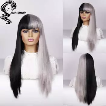 MERISIHAIR Полусерый Получерный парик Длинный прямой парик Лолиты для косплея с челкой Синтетический термостойкий парик для вечеринки в честь Хэллоуина для женщин
