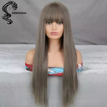 MERISIHAIR Серый цвет Парики из синтетических волос с челкой Черно-серый цвет омбре Длинный прямой женский парик Термостойкие волосы Синтетические парики для женщин