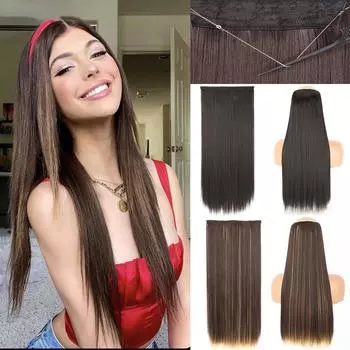 MERISIHAIR Синтетические без зажимов Невидимые наращивание волос Прямые натуральные черные блондинки Цельная искусственная прическа смешанного цвета 55 cm