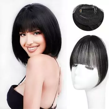MERISIHAIR Синтетические волосы, цельные прямые накладные волосы на заколке, плоская челка с воздушной бахромой спереди и париком для женщин, повседневного использования 24cm