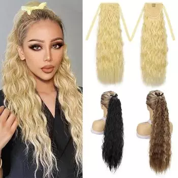 MERISIHAIR Synthetic Double Strap Ponytail Extensions Clip In Long Wavy Curly Wrap Around Ponytail Hair For Women Daily Wear 55cm