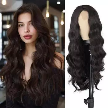 MERISIHAIR Synthetic Women Fashion Long Body Wave Brown Wig Without Bangs Fiber Lace Front Wig Daily Wear Party 60CM
