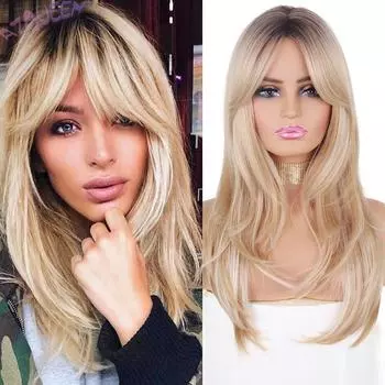 MERISIHAIR Женская мода Длинный волнистый светлый парик Парики из синтетического волокна Длинная многослойная прическа Ombre Blonde Полный парик с радиальной челкой