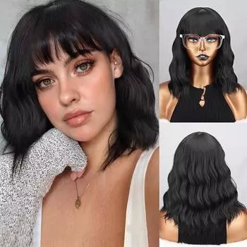 MERISIHAIR женский черный волнистый парик с челкой из синтетического волокна, короткий волнистый парик для косплея, повседневная одежда, натуральный волнистый парик для женщин 14pouces