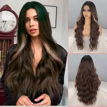 MERISIHAIR женский длинный омбре темно-светло-коричневый натуральный волнистый парик спереди без челки синтетическое волокно натуральный волнистый парик 60cm