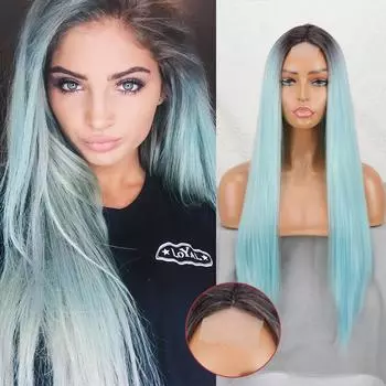 MERISIHAIR женский длинный прямой парик с эффектом омбре, черный, синий, без челки, кружевной передний парик из синтетического волокна, повседневная одежда, длинный прямой парик