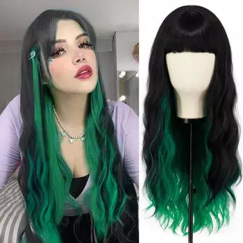 MERISIHAIR женский модный длинный волнистый черный, зеленый парик с челкой, цвет омбре, черный, коричневый, блондин, парик из синтетического волокна для женщин 26inches