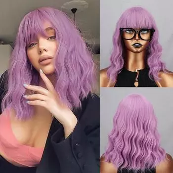 MERISIHAIR женский модный натуральный волнистый фиолетовый парик длиной до плеч с челкой из синтетического волокна, короткий повседневный парик для косплея, волнистый парик