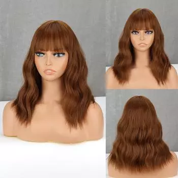 MERISIHAIR женский модный натуральный волнистый парик длиной до плеч с челкой из синтетического волокна, повседневная одежда, коричневый волнистый парик для косплея 30 CM