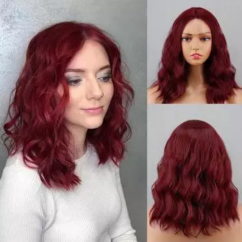 MERISIHAIR женский натуральный волнистый парик до плеч красного вина без челки из синтетического волокна короткий волнистый парик боб на шнуровке 35 cm