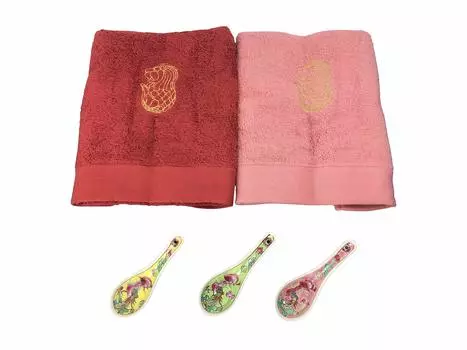 Merlion Imabari Towel Wine Red Pink Peranakan Astragalus Presentation (2 pieces) & (1 piece)