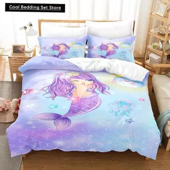 Mermaid Bedding Set 3D Duvet Cover Set Single Double Twin Full Size Teens Adults Bedclothes Soft Polyester Bed Linen For Baby EU single(135x200cm)