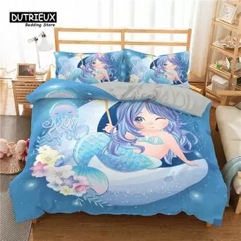 Mermaid Bedding Set King Queen Size Microfiber Cute Cartoon Mermaid Theme 3D Print Duvet Cover For Kids Girls Pillowcases Decor EU single(135x200cm)