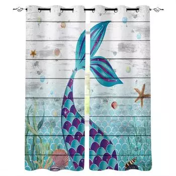 Mermaid Ocean Shell Wood Plank Texture Blackout Curtains For Living Room Bedroom Printed Window Treatment Drapes Home Decor W135 x H60cm
