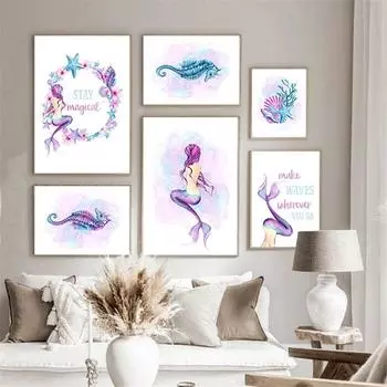 Mermaid Poster Cartoon Starfish Wall Art Hippocampus Nordic Poster and Print White Purple Canvas Painting Picture Home Decor No Frame 21*30cm No Frame